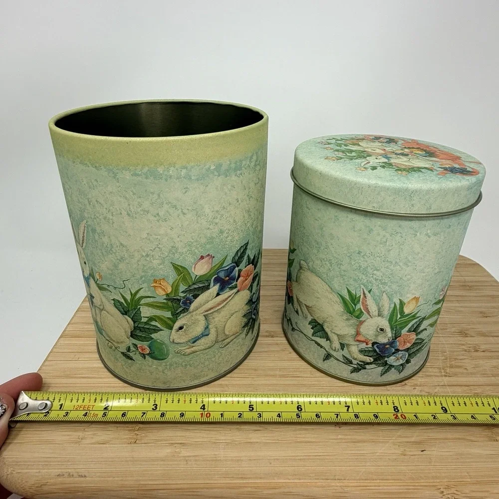 Vintage Easter Bunny Rabbit Nesting Tins Set of 2 Spring Floral Cottagecore
